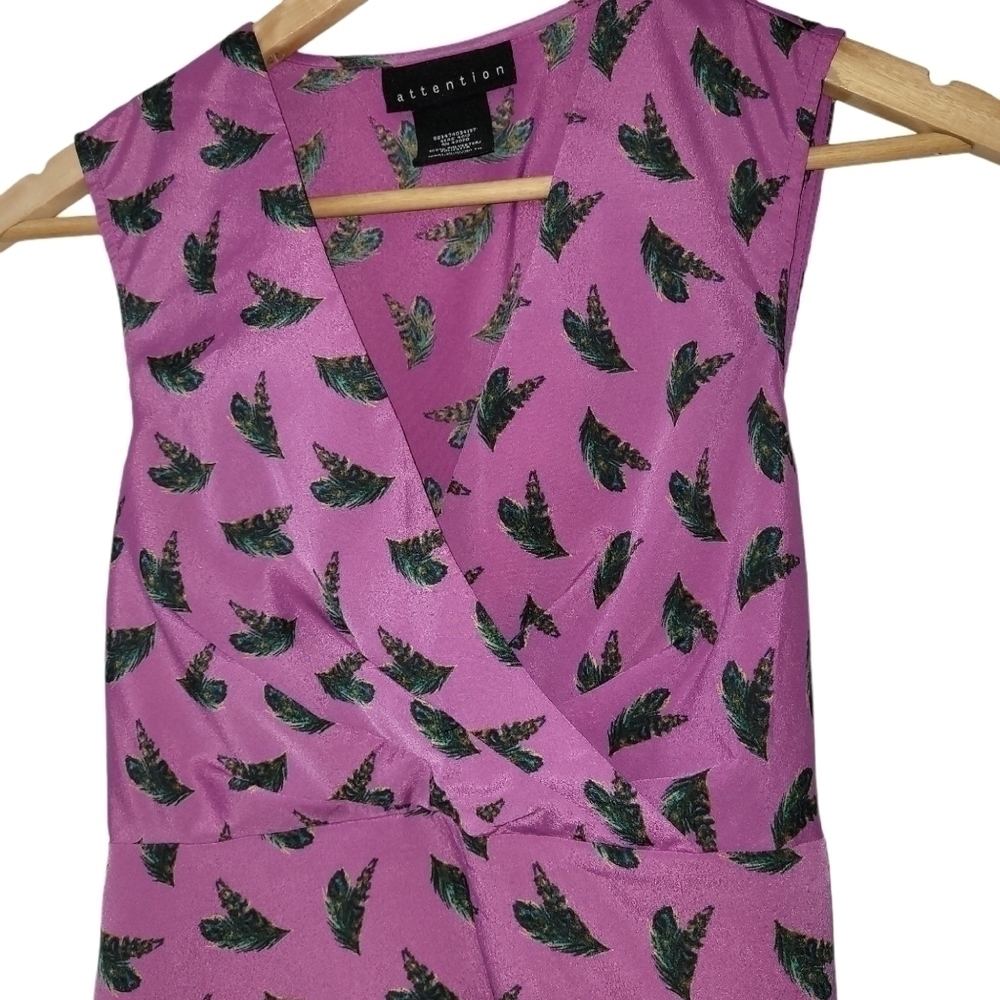 BEAUTIFUL Soft Crossover Wrap Pink Peacock Feather Tie Back Tank Blouse XS